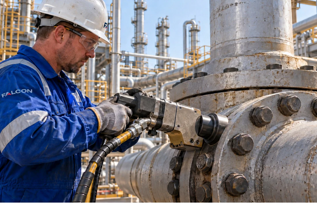 Técnico de FALCON con llave de torque hidráulica